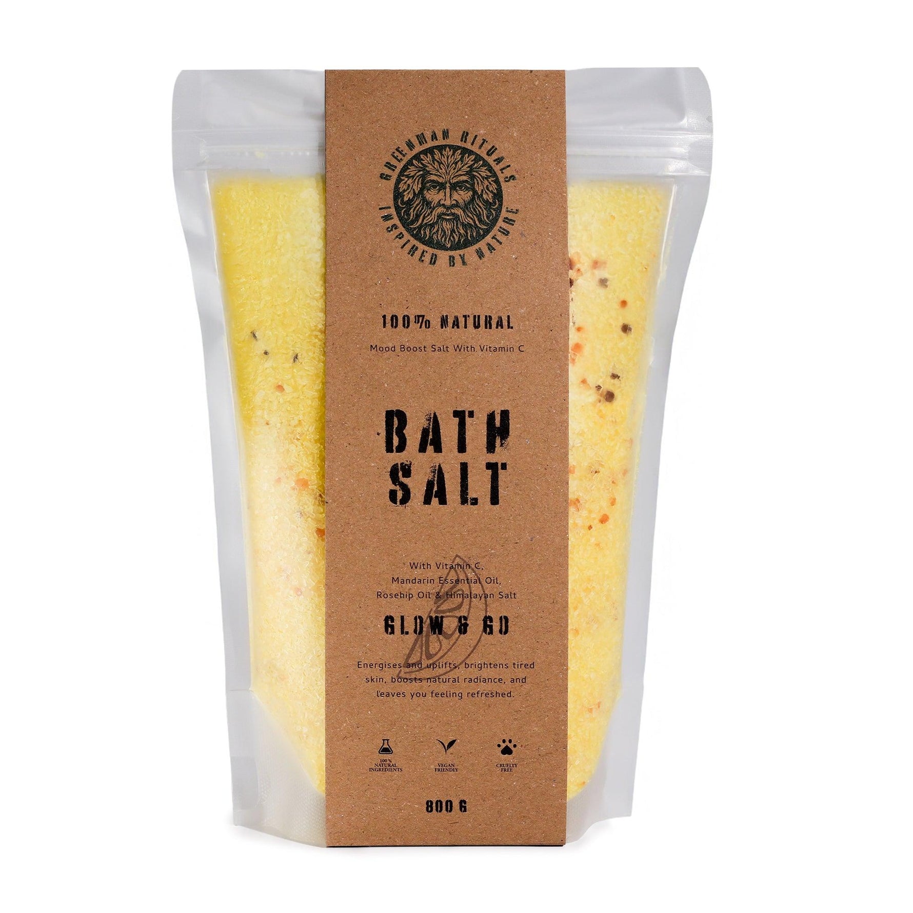 Greenman Rituals Vitamin C and Mandarin Epsom Bath Salt in a jar, designed for relaxing and revitalizing bath experiences.