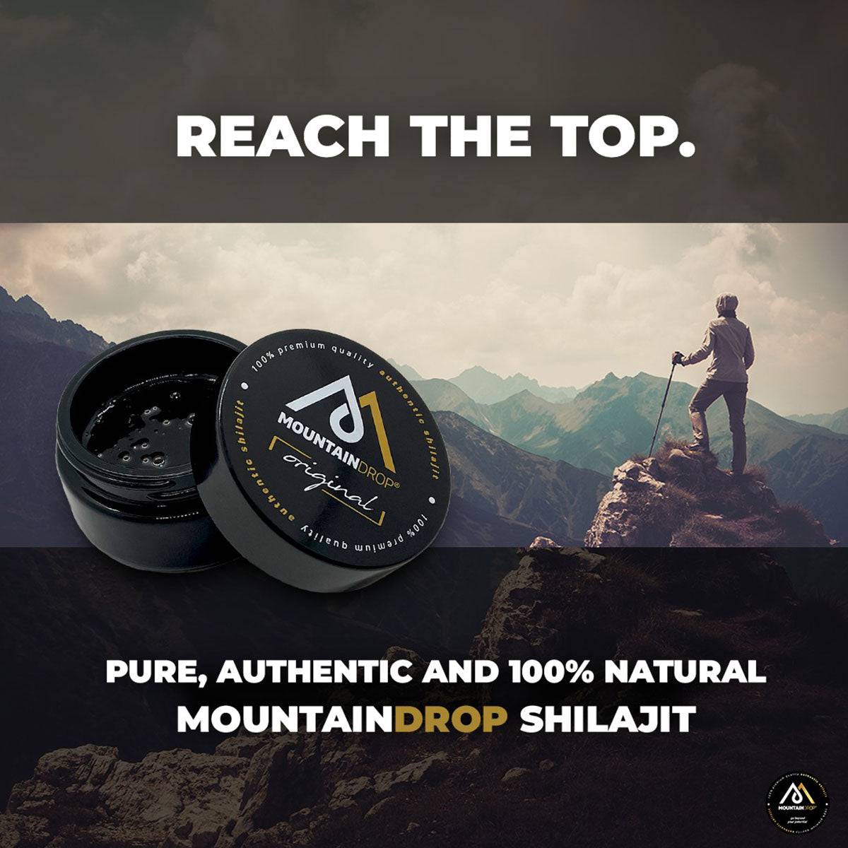 MountainDrop Original 100% Pure Mumijo Shilajit Resin from Herbalistas, 65g jar with dark, sticky natural resin visible.