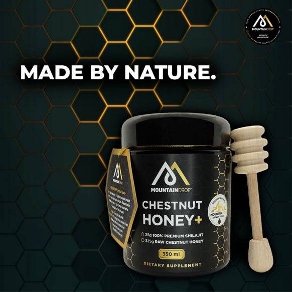Herbalistas MountainDrop Shilajit 25g blend with raw chestnut honey in a jar, showcasing the natural ingredients and texture.