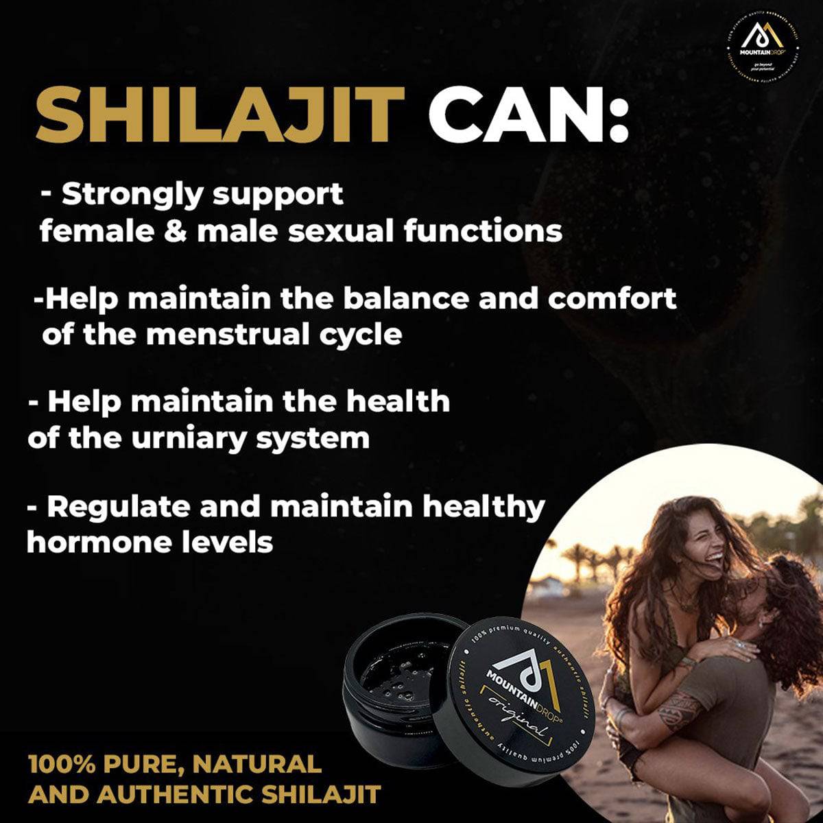 Herbalistas MountainDrop Original 100% Pure Mumijo Shilajit Resin in 65g jar, showing dark, sticky natural resin on a white background.
