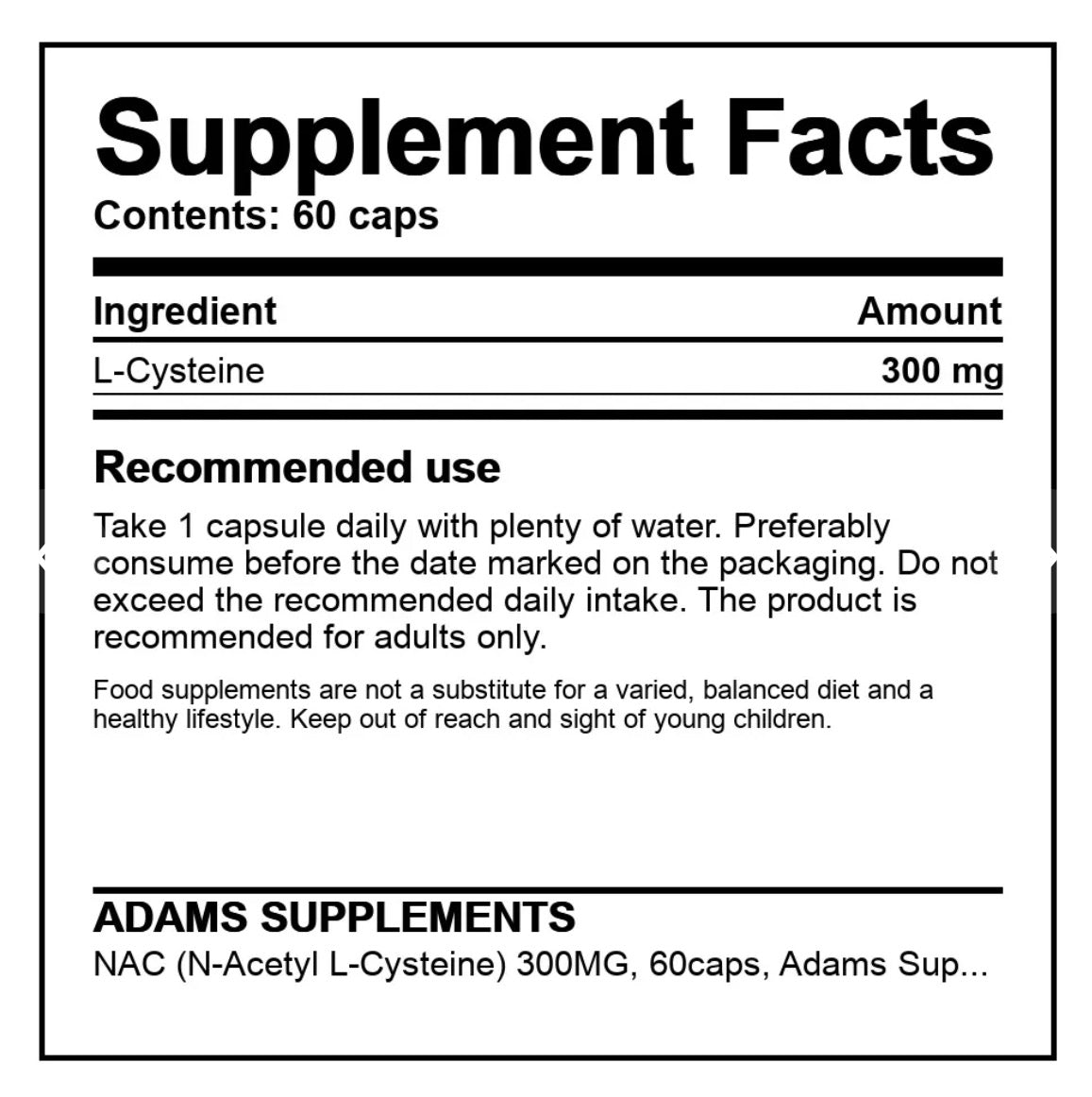 Adams Supplements NAC (N-Acetyl L-Cysteine) 300 mg 60 Capsules | 1 capsule per serving | 60 servings per bottle