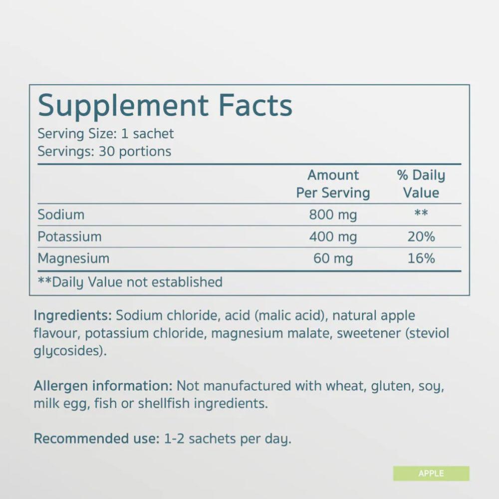 Herbalistas Salte Performance Electrolytes supplement in apple flavor, 30 sachets, with colorful sachets and branding visible.