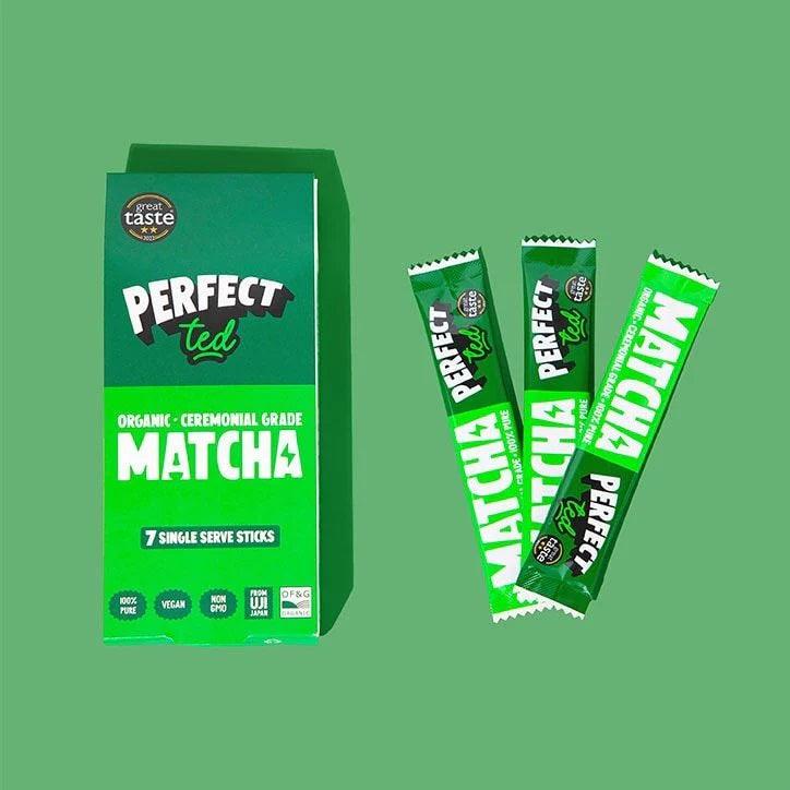 Herbalistas PerfectTed BIO Ceremonial Grade Matcha powder in two sachets, vibrant green single-serve matcha for tea preparation