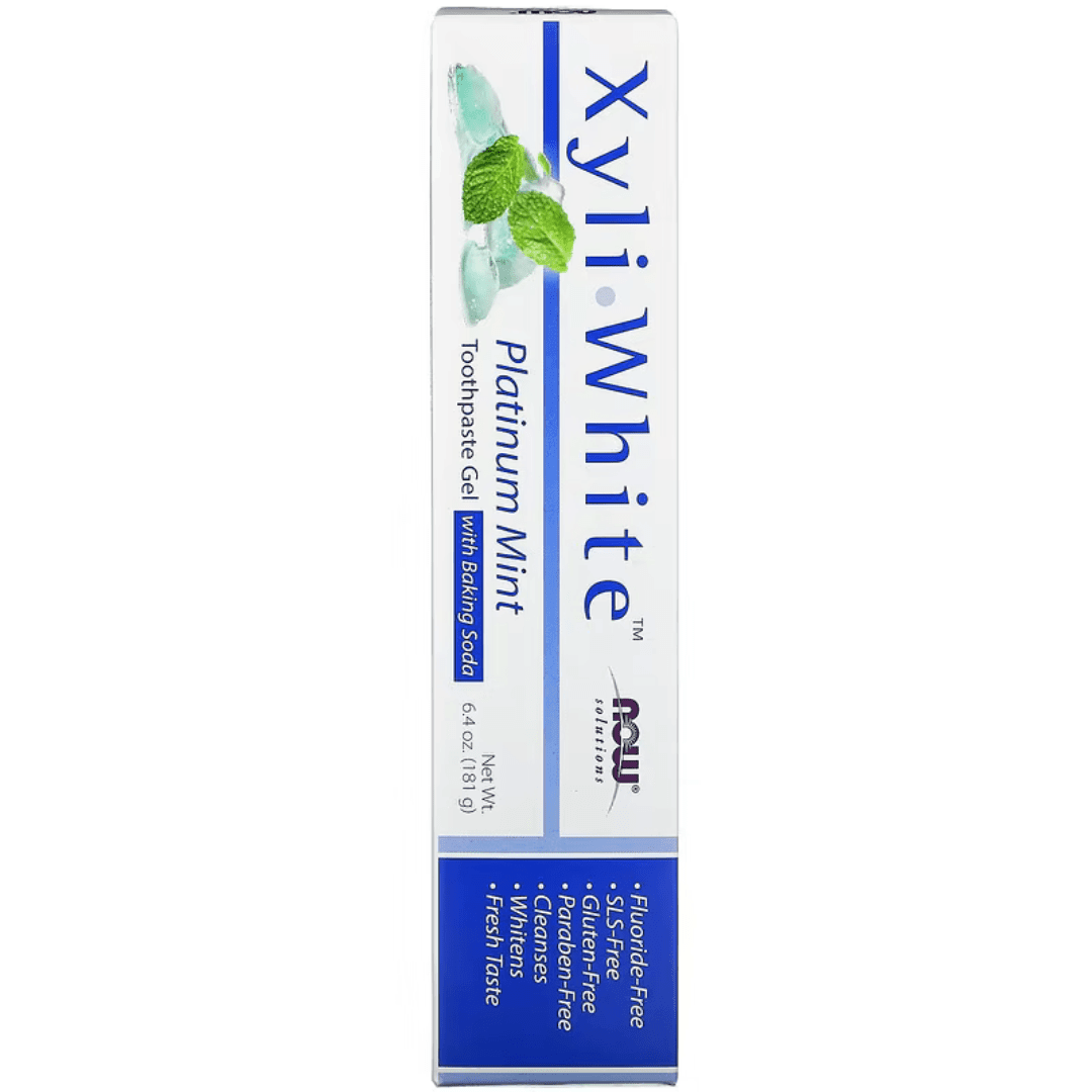 MKSTAVRINOS XyliWhite Platinum Mint toothpaste gel in 6.4 oz tube, with fresh mint flavor and bright packaging.