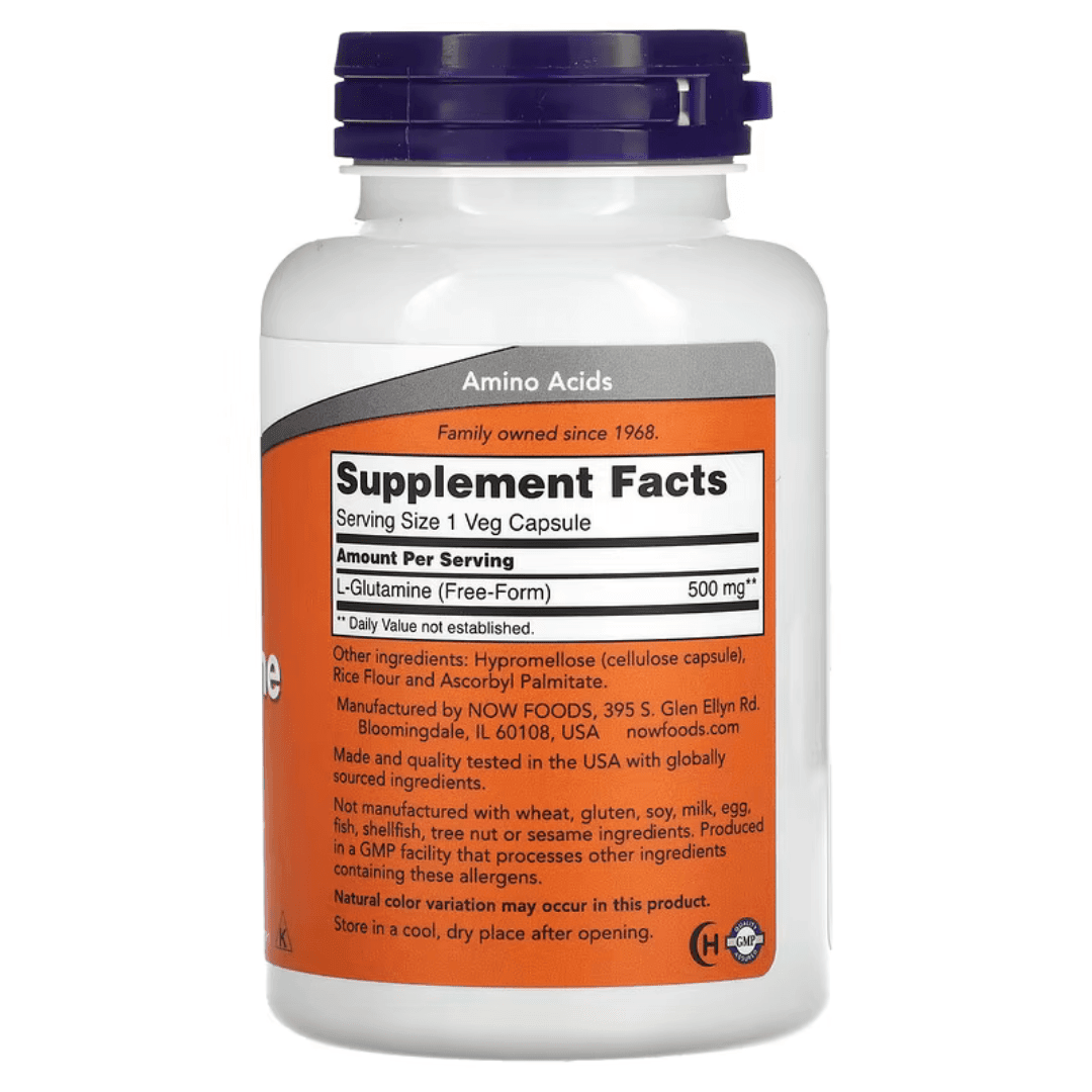 Old Products NOW Foods L-Glutamine supplement capsules, 120 vegetarian capsules, showing the supplement bottle and capsules inside.