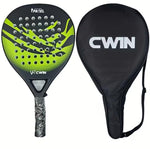 TEMU padel racket with carbon fiber face and soft EVA core, shown with paddle bag, designed for tennis and fitness play.
