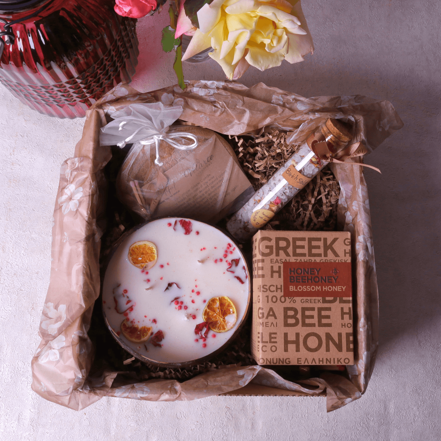 Velarte Ritual Box with rose and golden honey, featuring elegant packaging and assorted treats for a luxurious experience.