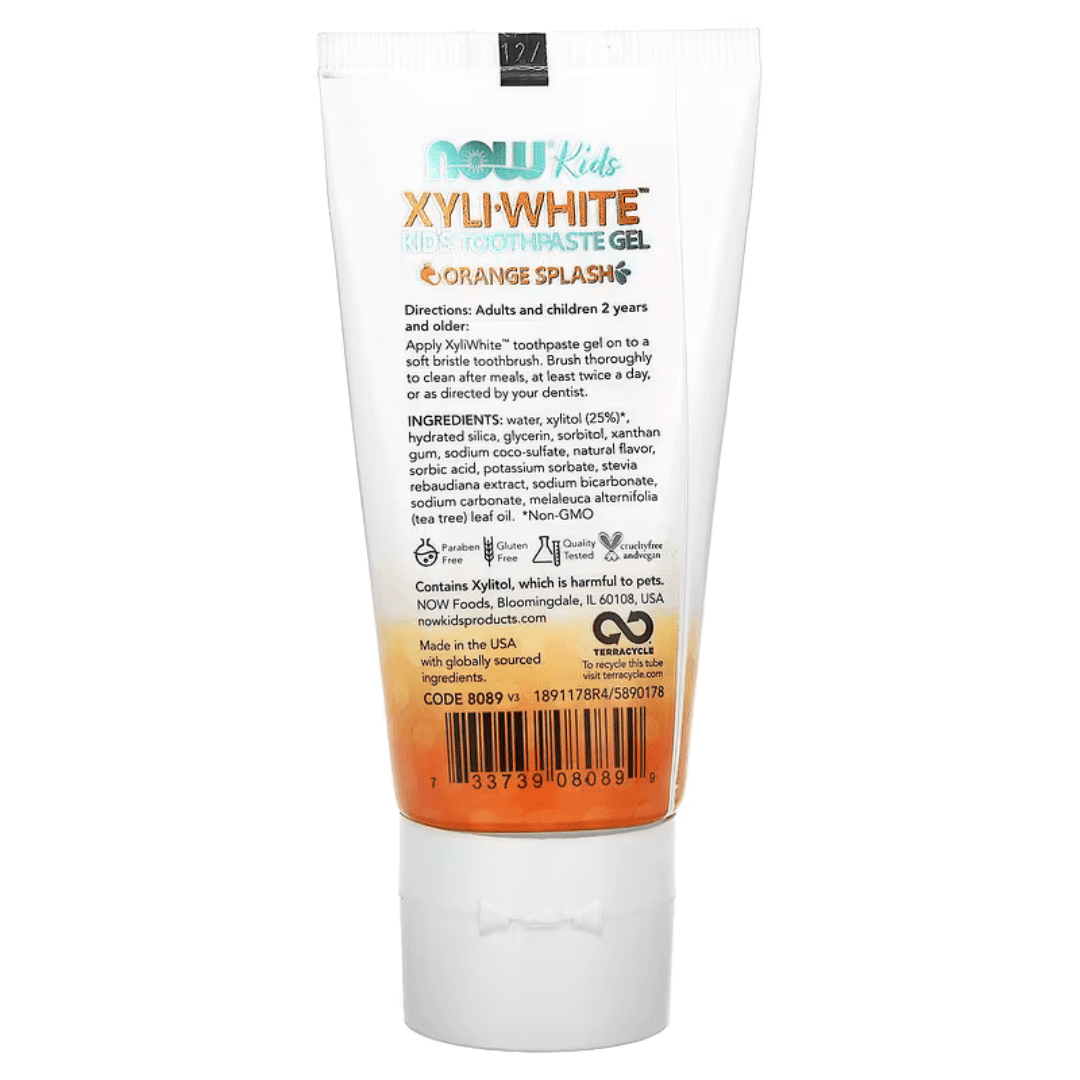 MKSTAVRINOS Xyli-White Kids Toothpaste Gel in orange splash flavor, 3 oz, featuring a colorful tube and playful packaging.