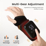 TEMU high-performance electric wrist and arm massager with hot compress and automatic kneading therapy, showing the device on a user's arm.