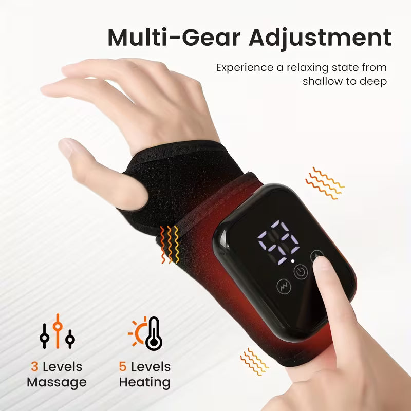 TEMU high-performance electric wrist and arm massager with hot compress and automatic kneading therapy, showing the device on a user's arm.