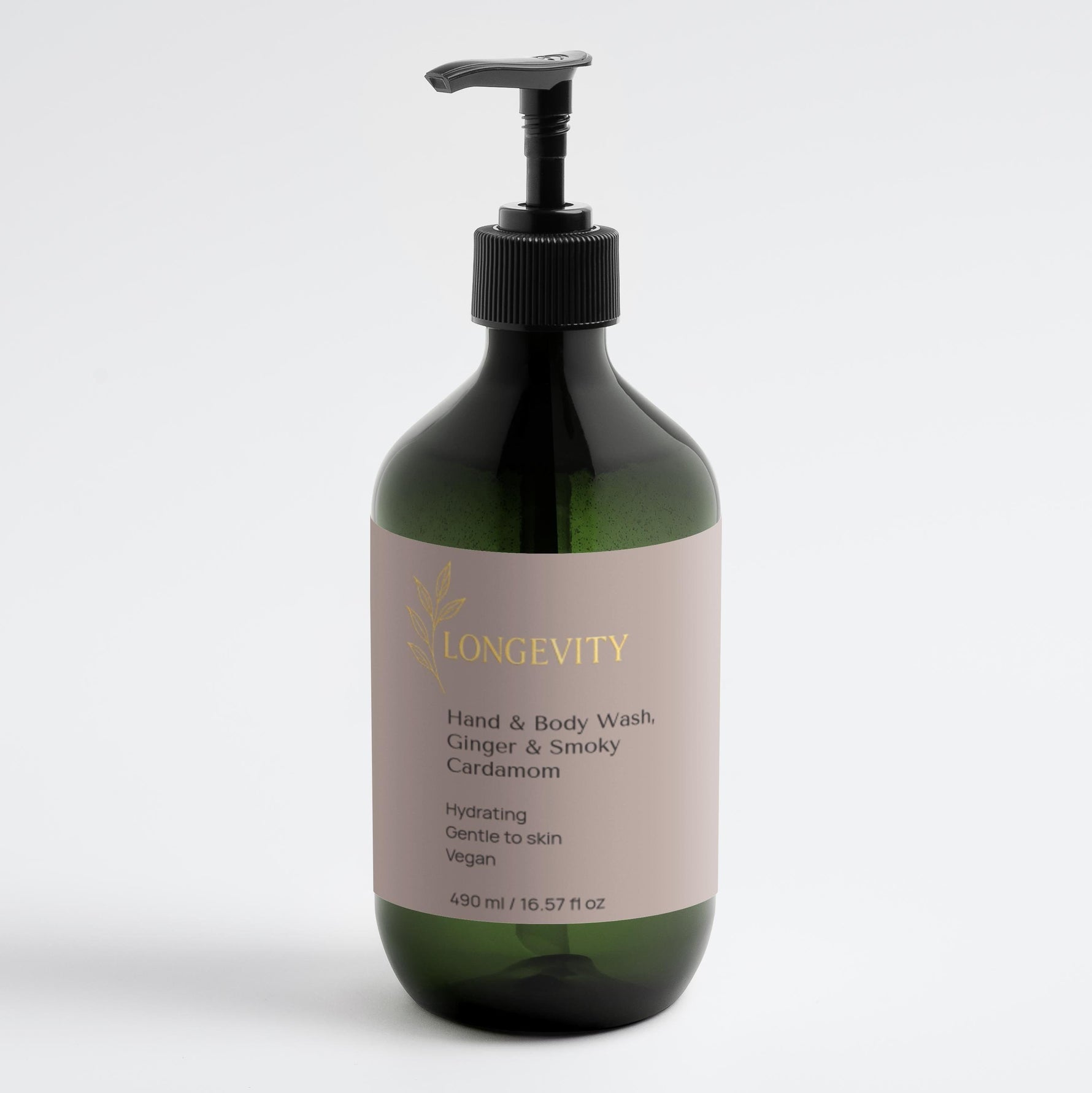 SELFMAMED Longevity Hand & Body Wash with ginger and smoky cardamom, 490ml bottle showing the product label and packaging details.