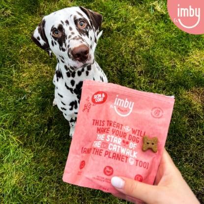 IMBY Skin & Coat dog supplement in a 100g package, featuring natural ingredients to support healthy skin and shiny coat.