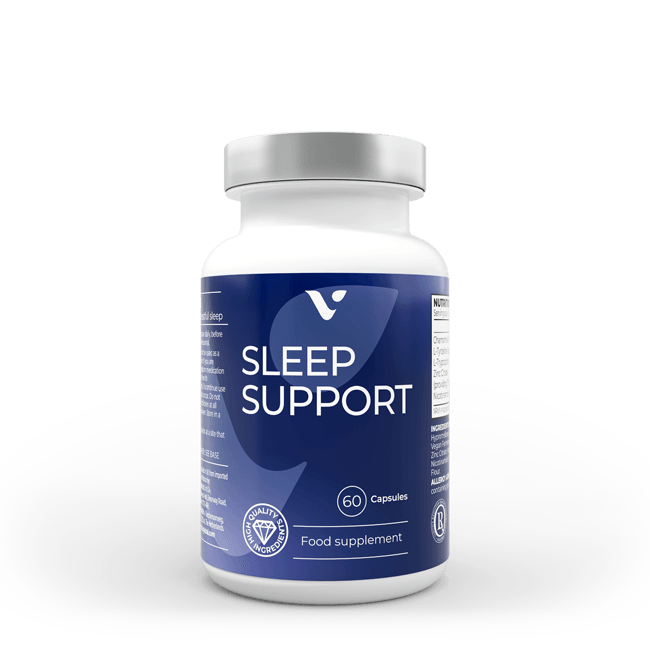 ZINZINO Sleep Support supplement bottle with white label and capsules inside, designed to promote restful sleep and relaxation.