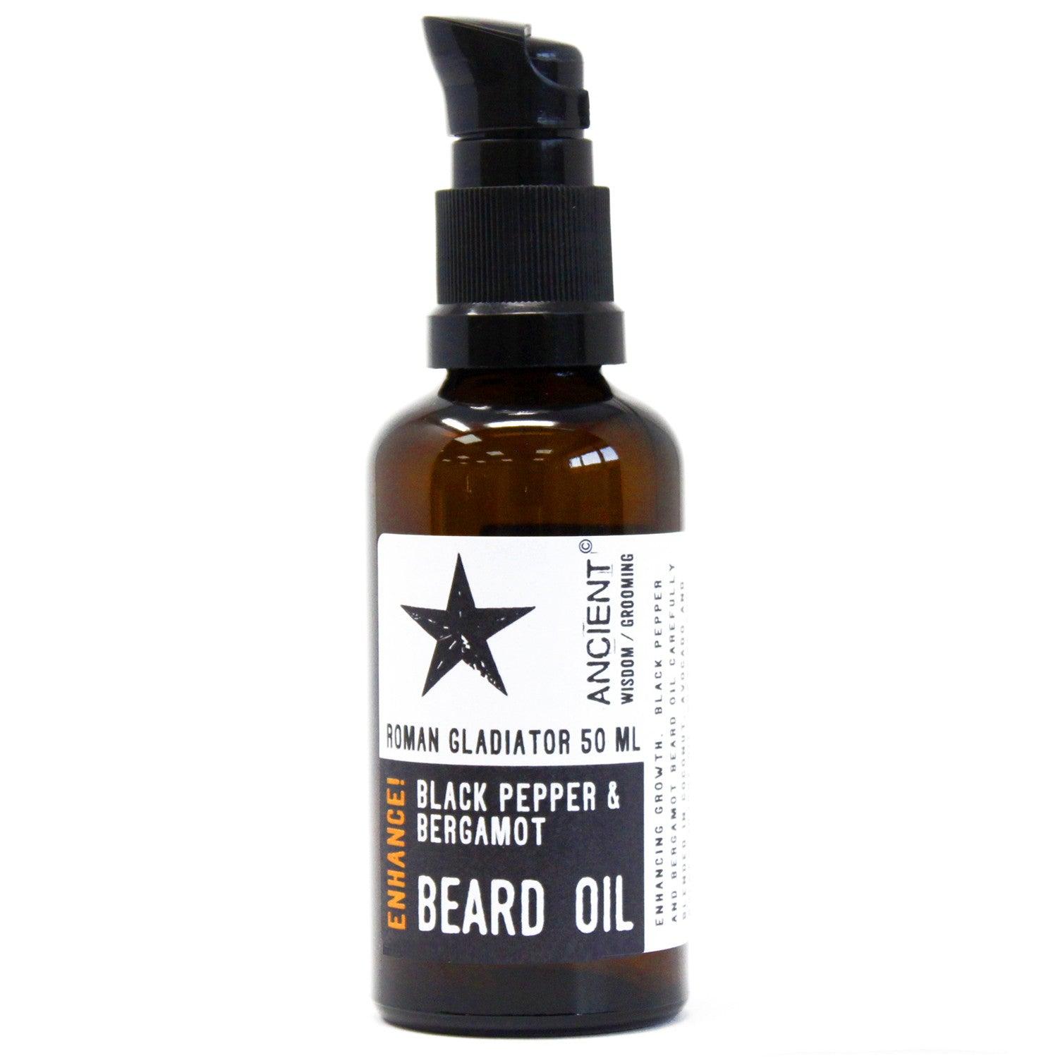 AW Gifts Roman Gladiator beard oil for hair care, 50ml bottle with detailed label and natural ingredients visible.