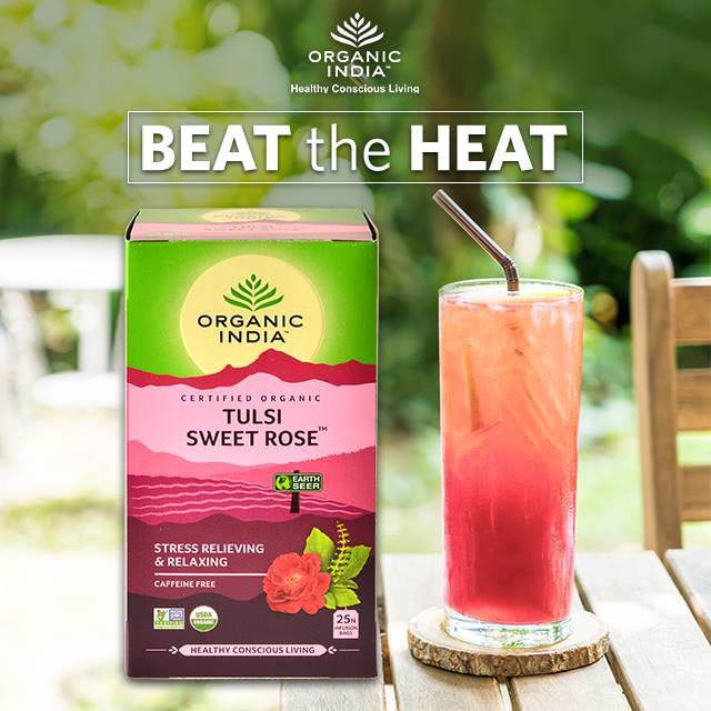 Organic India BIO Tulsi Sweet Rose Tea with caffeine-free herbal infusions in a box of 25 tea bags.