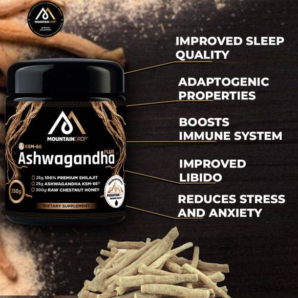 Herbalistas MountainDrop Shilajit blend with Ashwagandha and raw chestnut honey, 330g jar with natural ingredients.