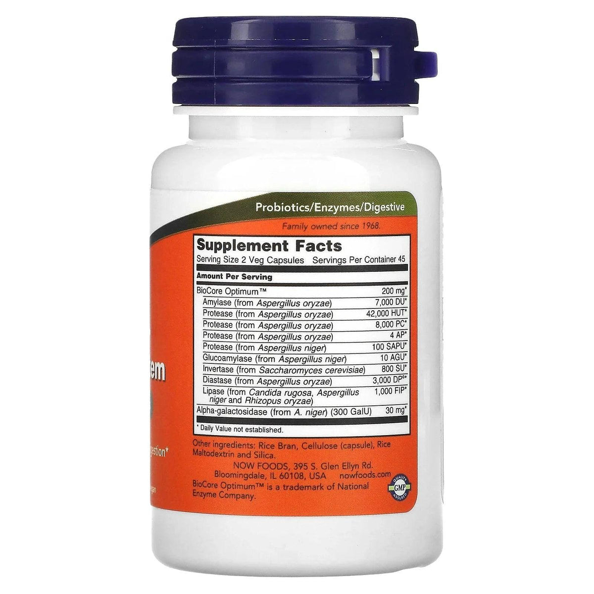 MKSTAVRINOS NOW Foods digestive system supplement bottle with 90 vegetarian capsules and label details.