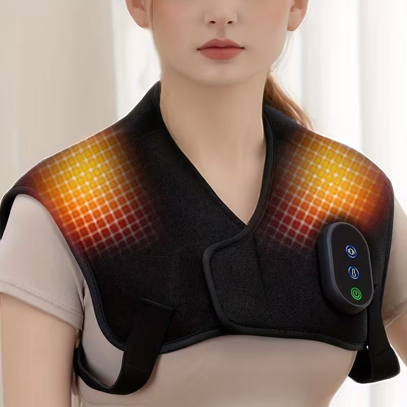 USB-powered portable shoulder and neck massager with heat and vibration therapy, featuring compact design and adjustable straps.