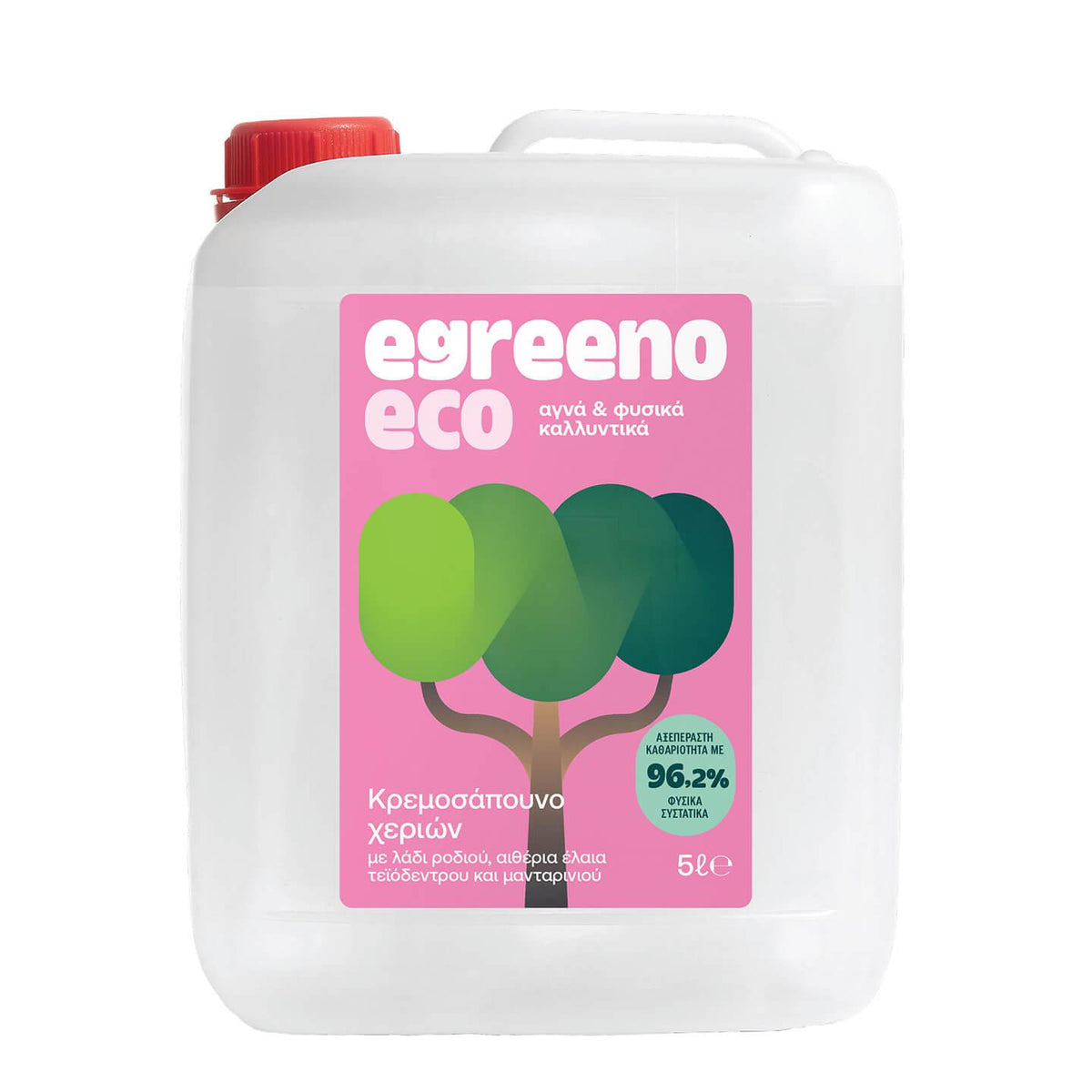 Egreeno Eco Liquid Cream Soap 5L bottle with essential oils, showcasing the eco-friendly packaging and creamy soap inside.