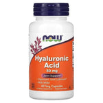 MKSTAVRINOS NOW Foods hyaluronic acid supplement bottle with 60 vegan capsules, designed for skin hydration and joint support