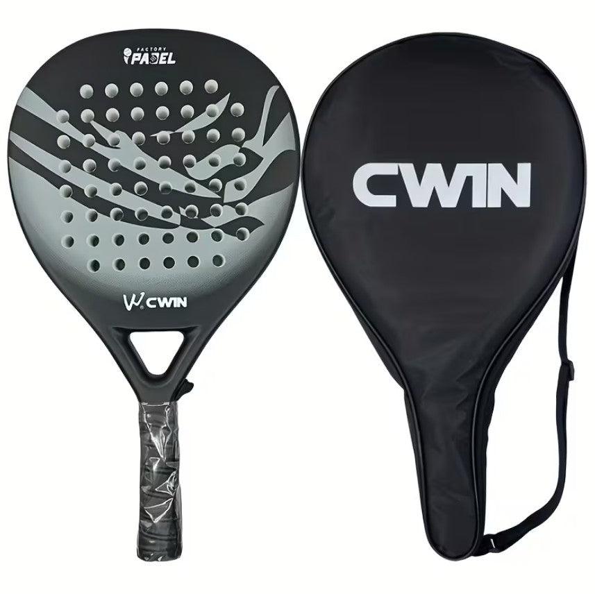 TEMU padel racket with carbon fiber face and soft EVA core, shown with paddle bag for tennis and fitness training.