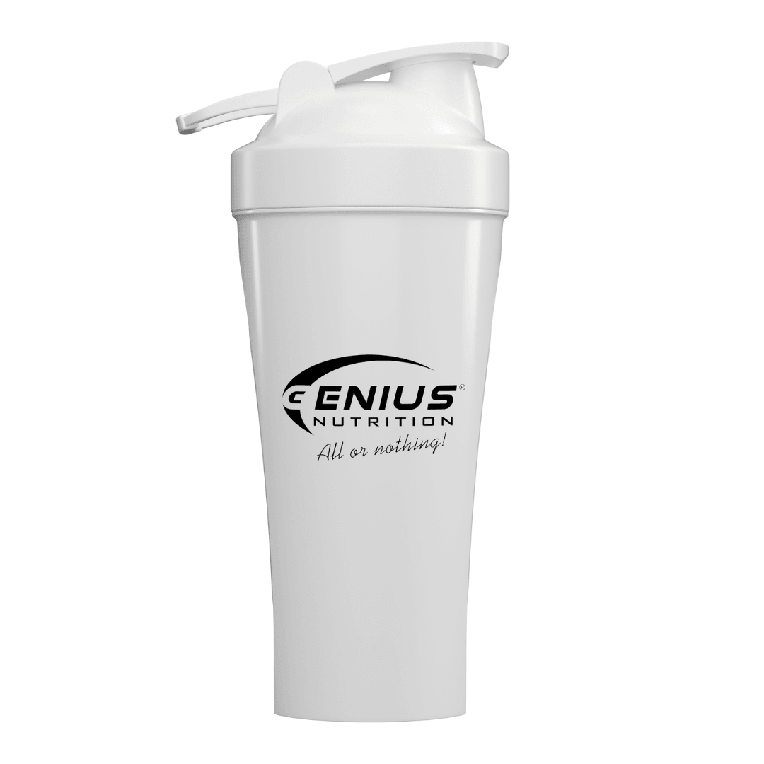 Genius Nutrition 600ml shaker bottle for supplements and drinks, with a secure lid and mixing ball for smooth blending.