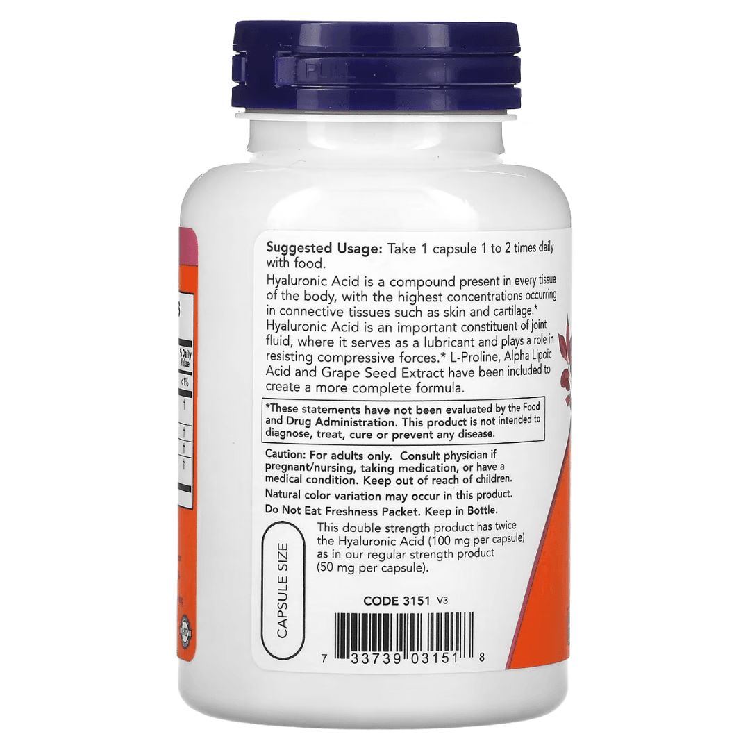 Old Products NOW Foods Hyaluronic Acid Double Strength supplement bottle with 120 veggie capsules on a white background.