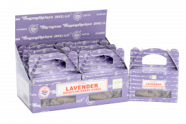 Box of 24 AW GIFTS Satya Lavender Backflow Dhoop Cones for incense burning and aromatic backflow smoke effects.