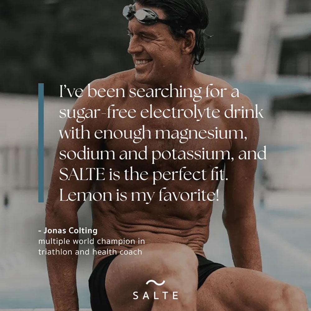 Herbalistas Salte lemon-flavored electrolyte supplement sachets, 30-pack, for hydration and performance.