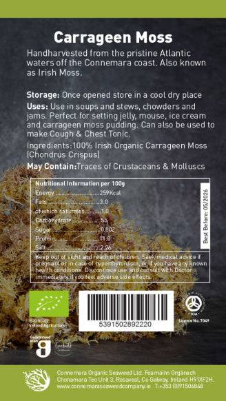 Old Products Connemara BIO Sun Dried Purple Irish Carageen Moss in 40g package, showing the dried purple seaweed back view.