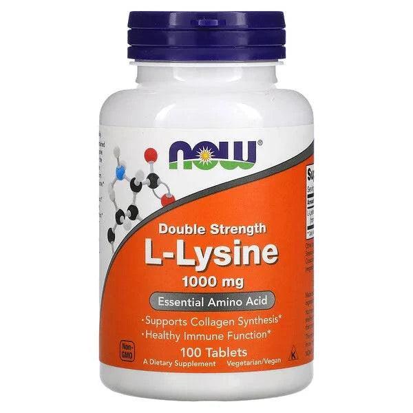 MKSTAVRINOS NOW Foods Double Strength L-Lysine supplement, 1,000 mg in 100 tablets, shown in a clear bottle with tablets
