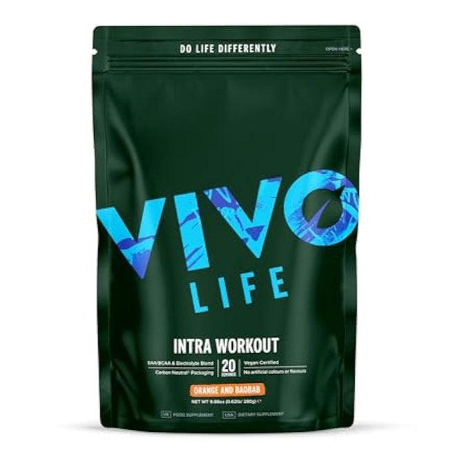 Vivo Life Intra-Workout supplement container with 20 servings, featuring a sleek label design in a close-up shot.