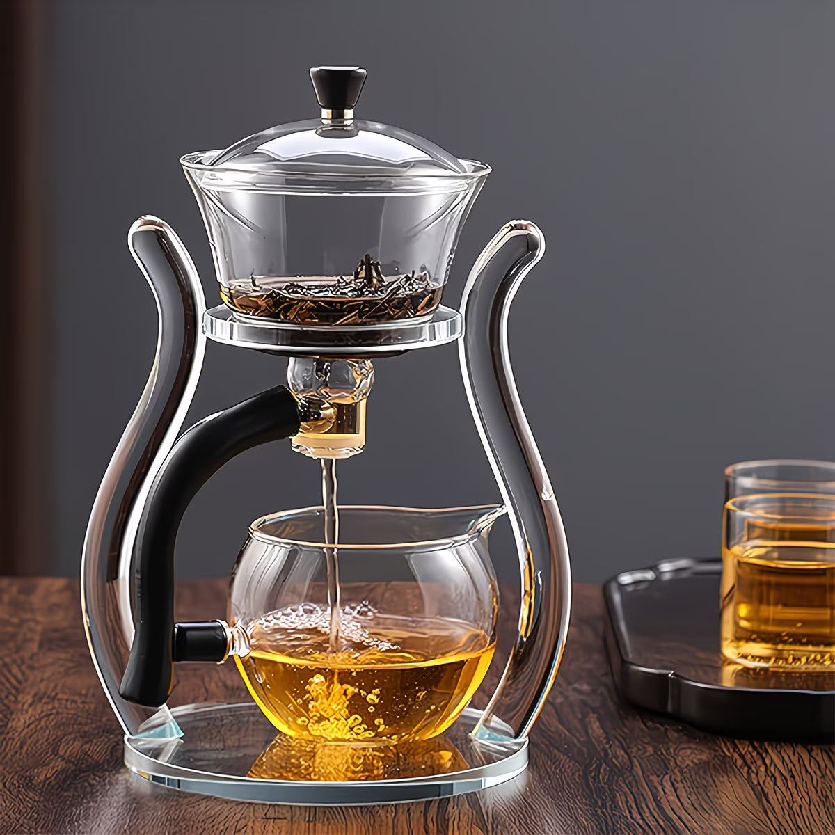 TEMU semi-automatic borosilicate glass gongfu tea set with lazy style teapot and suction brewing, showcasing elegant glass teaware.