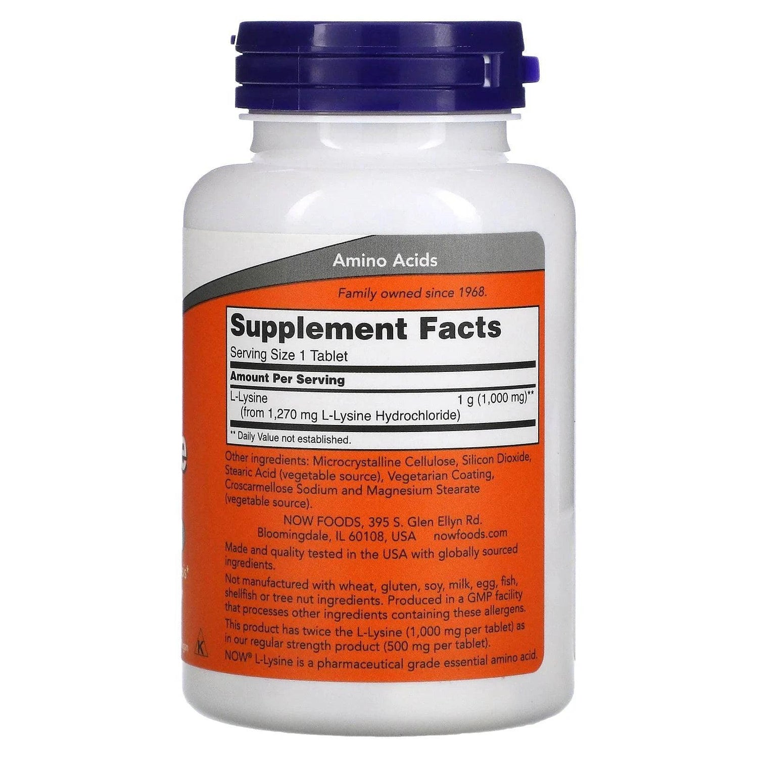MKSTAVRINOS NOW Foods Double Strength L-Lysine supplement, 1000 mg tablets for immune support and amino acid health.