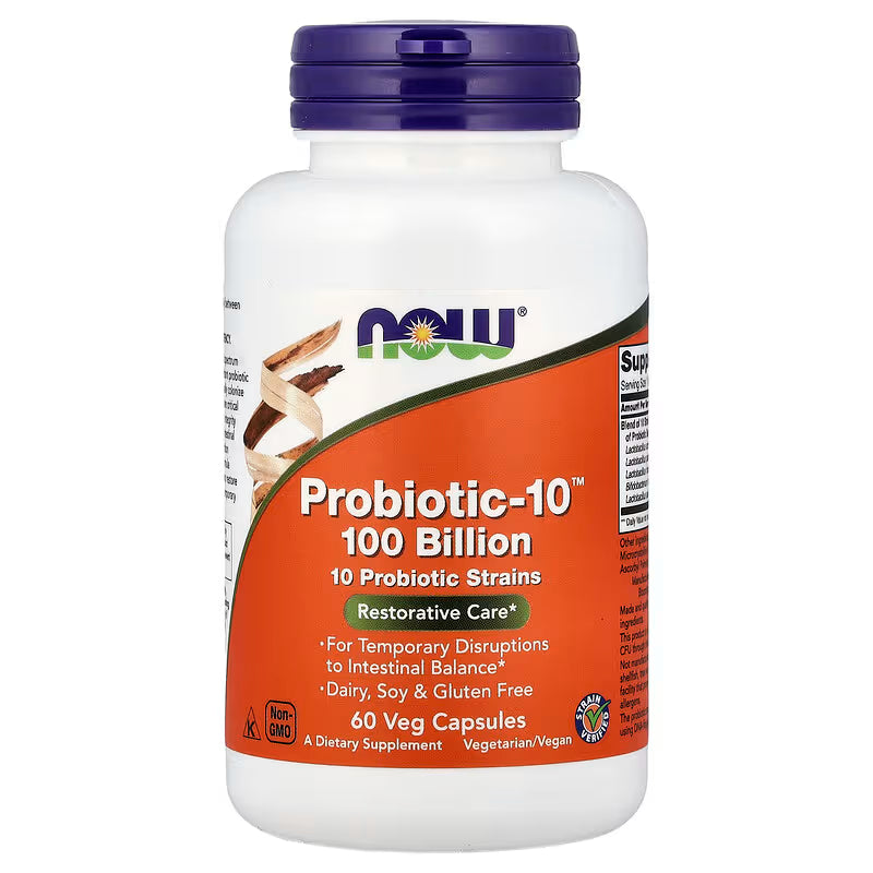 MKSTAVRINOS Probiotic-10 supplement with 100 billion CFUs in 60 vegan capsules, supporting digestive health and immune function.