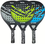TEMU padel racket with carbon fiber face and soft EVA core, shown with paddle bag, designed for tennis and paddle sports.