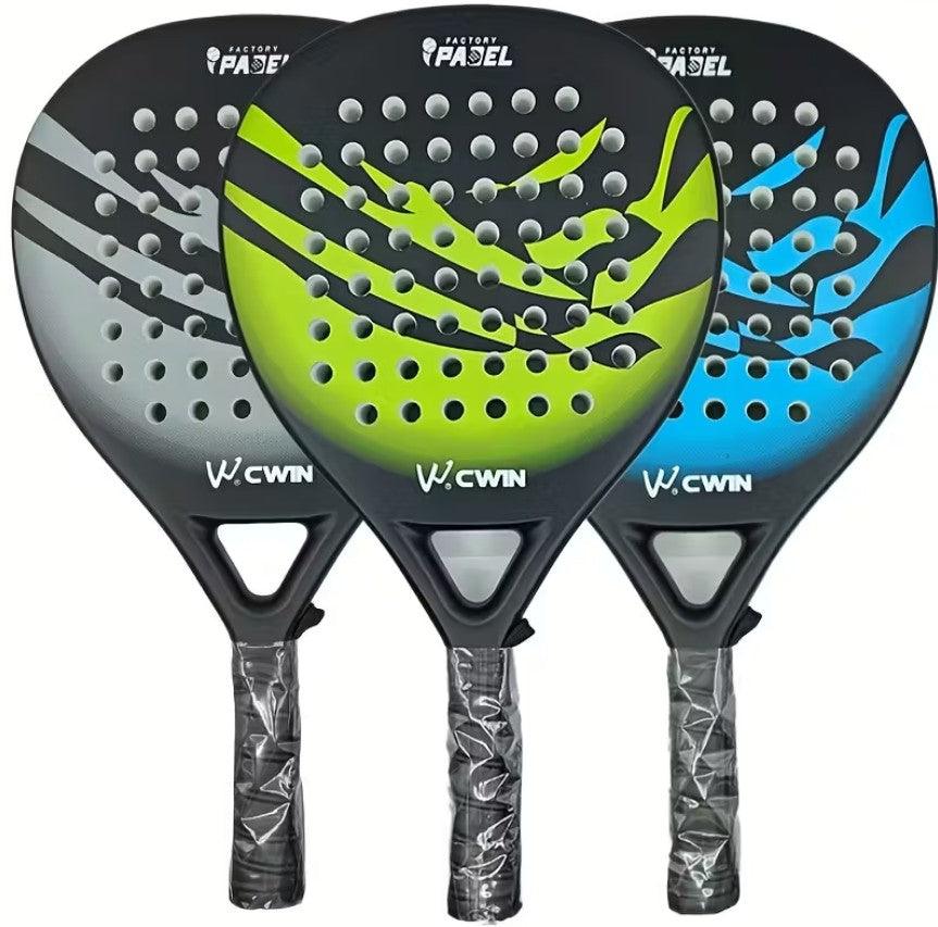 TEMU padel racket with carbon fiber face and soft EVA core, shown with paddle bag, designed for tennis and paddle sports.