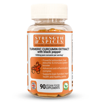 Bottle of STRENGTH & SPICES Turmeric Curcumin 1000mg supplement with turmeric spice capsules on a white background.
