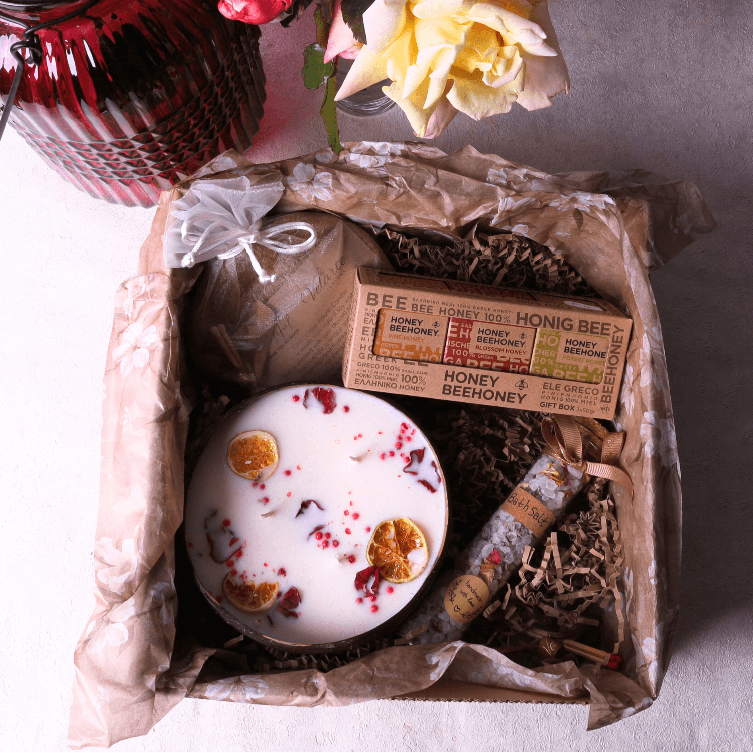 Velarte Ritual Box with rose and mini honey escape treats, featuring elegant packaging and assorted confections.