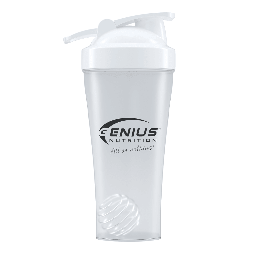 Genius Nutrition 600ml shaker bottle with secure lid and mixing ball for protein shakes and supplements.