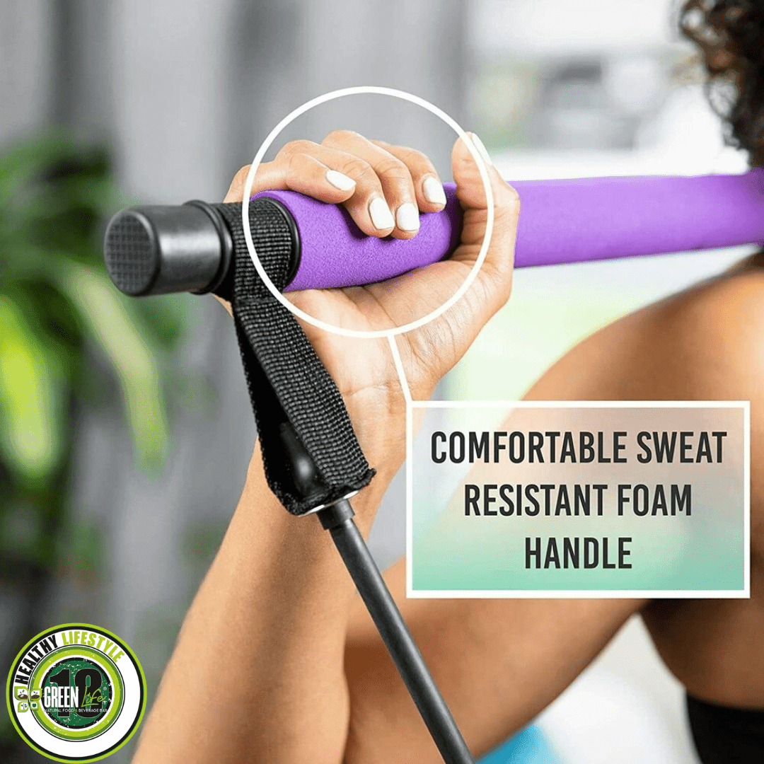 Portable Pilates bar kit with resistance bands and latex cords, ideal for fitness workouts and strength training.