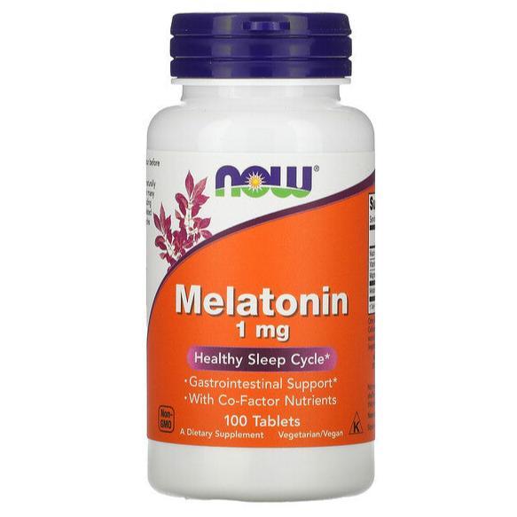 MKSTAVRINOS NOW Foods Melatonin supplement, 1 mg, 100 tablets, round white tablets in bottle for sleep support