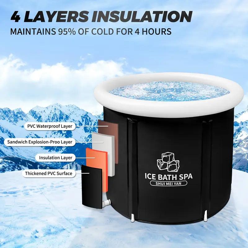 XL portable ice bath tub with insulated cover by TEMU, showing the tub filled with water and the cover in place for cooling.