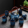 Japanese Kiln-Glazed Porcelain Tea Set – 6 Cups & Teapot with Filter, Dark Blue