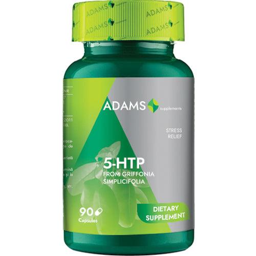 Bottle of Adams Supplements 5-HTP 50mg capsules with 90 count, dietary supplement for mood support and relaxation.
