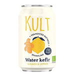 Herbalistas KULT Bio Water Kefir with Ginger and Lemon in 330ml bottle, showing the kefir beverage with ginger and lemon slices.