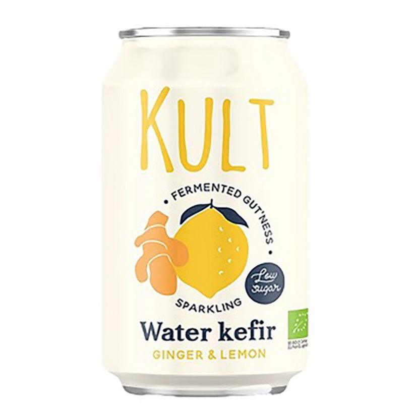 Herbalistas KULT Bio Water Kefir with Ginger and Lemon in 330ml bottle, showing the kefir beverage with ginger and lemon slices.