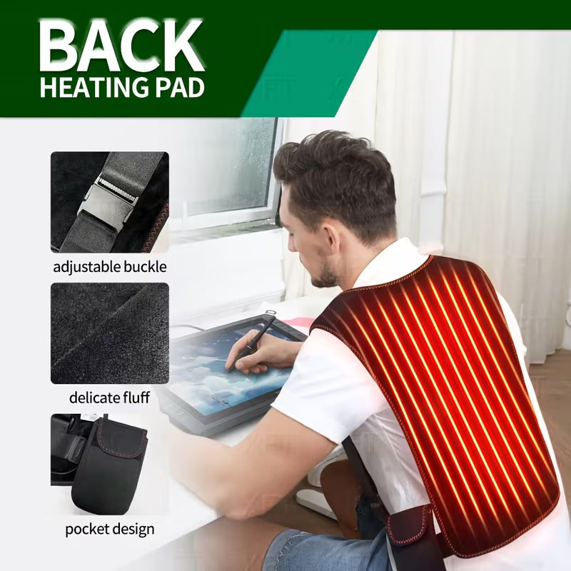 TEMU wearable back heating pad massager with adjustable belt, showing control panel with heat level settings for muscle pain relief.
