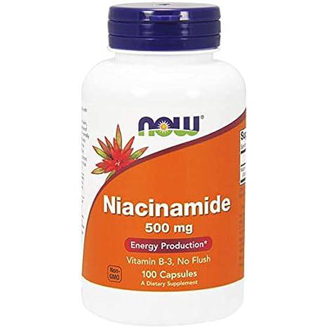 MKSTAVRINOS NOW Niacinamide 500mg capsules, 100-count bottle, close-up of the supplement bottle on a white background
