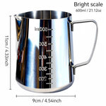 Stainless steel TEMU milk frothing pitcher with a handle, ideal for steaming and pouring milk for coffee drinks.